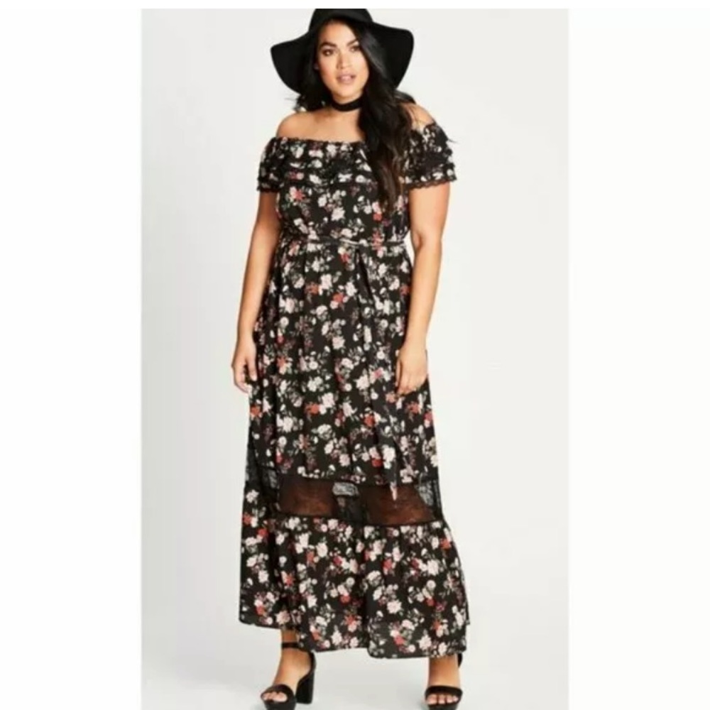 Floral Off-Shoulder Maxi Dress - Black